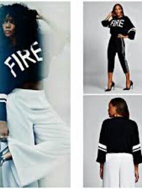 Gabrielle Union FIRE Graphic Crop Sweatshirt Black Drawstring Hem XL